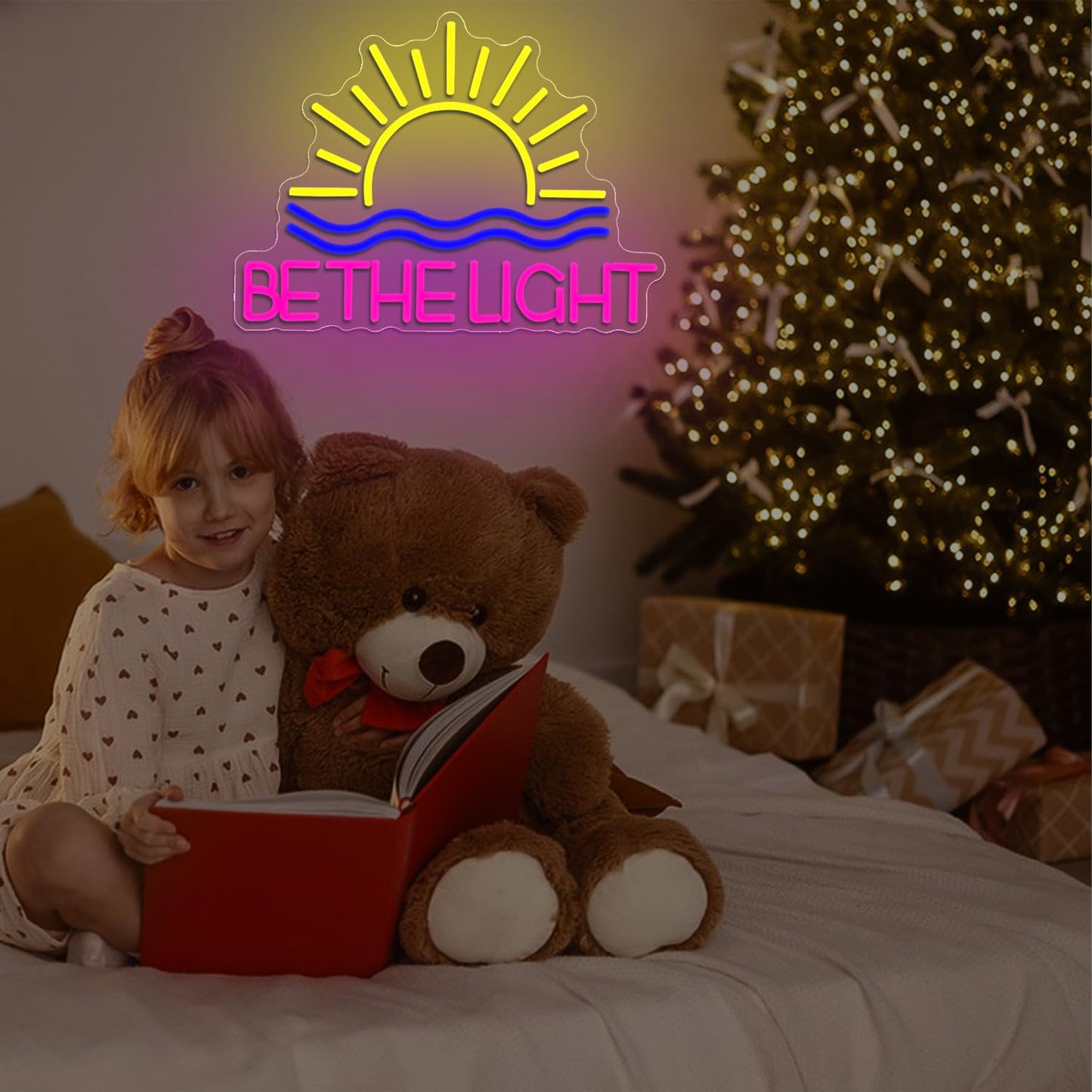 Be The Light Neon Sign Yellow Sunrise Neon Light Inspirational Letter Neon Light Up Sign Boho Wall Art LED Light Sign for Party Birthday Home Bedroom