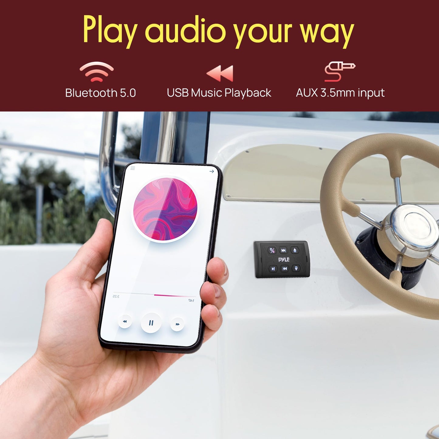 Pyle Wireless BT Audio Controller Kit, Marine Bluetooth Receiver & Adapter with Remote Control, Compact Microphone for Onboard Audio Entertainment
