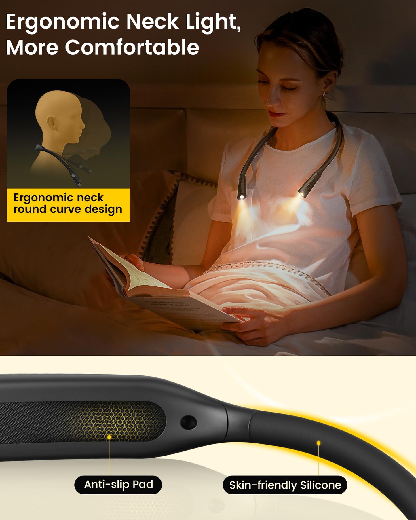 Glocusent Neck Book Light, 1200mAh Rechargeable Neck Reading Light, Hands Free Book Lights for Reading at Night, 5 Colors & 5 Brightness, Private