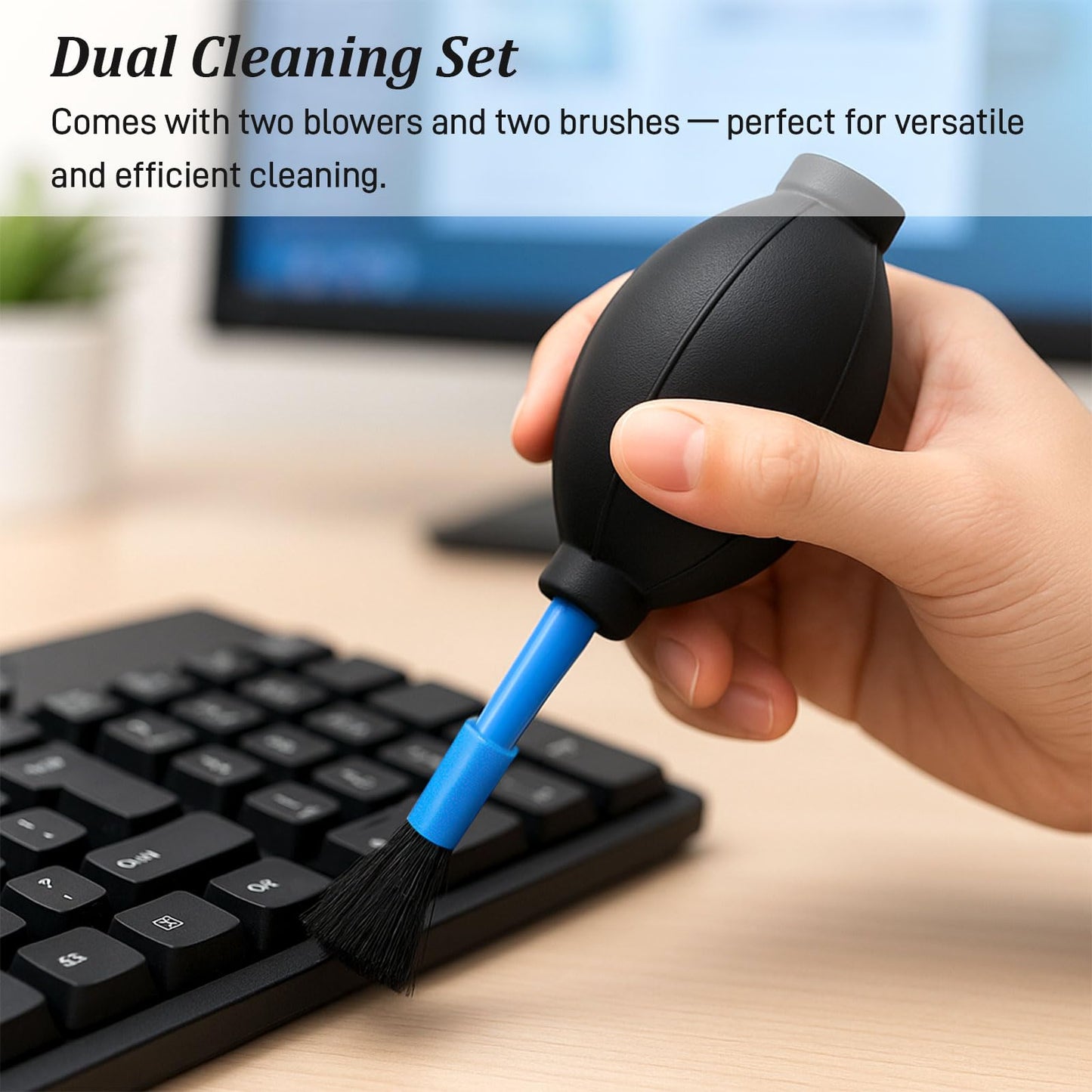 2-Pack Soft Brush Manual Rubber Air Blower Dust Cleaner for Camera, Telescope, Microscope, and Electronics - Black & Blue