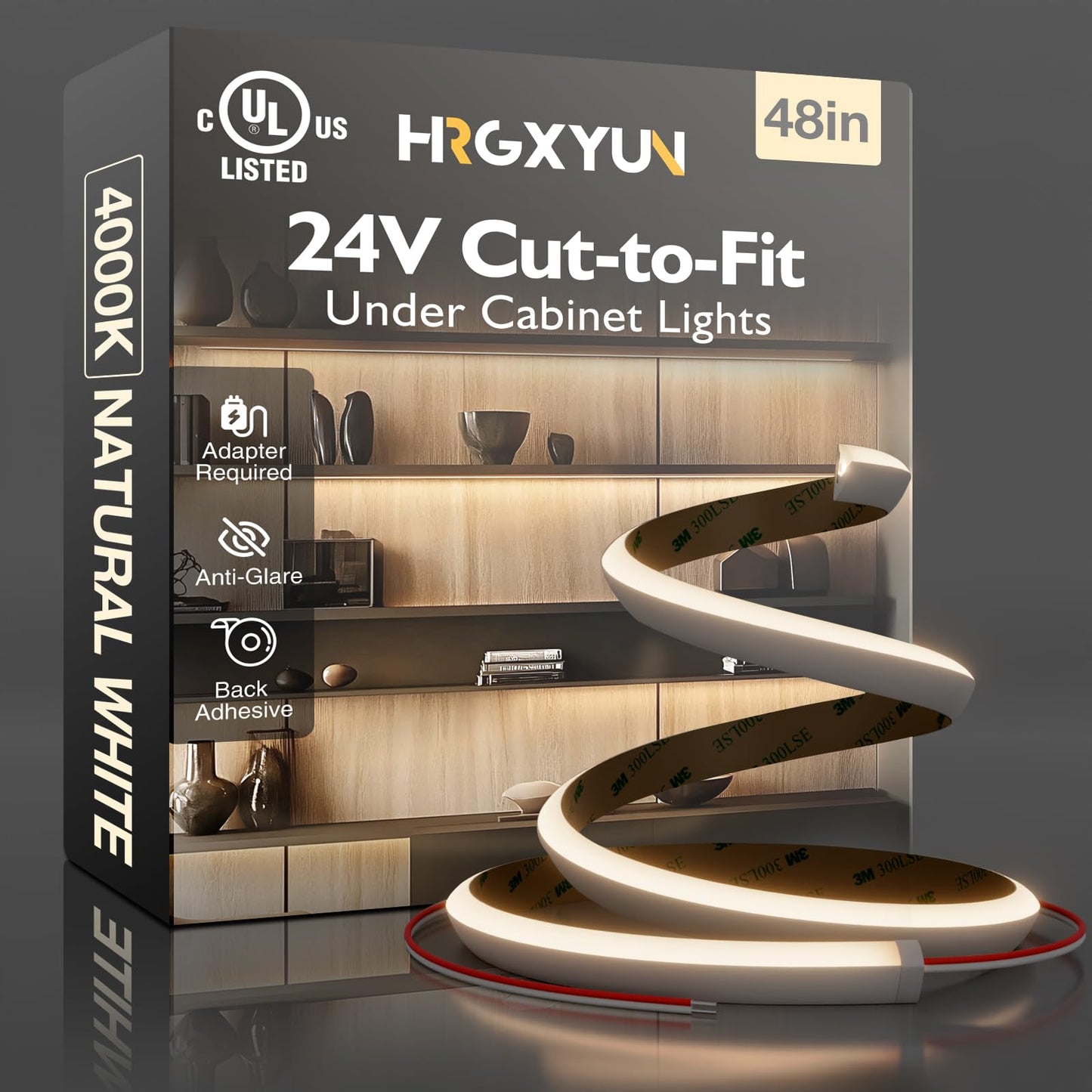 Hardwired LED Cabinet Lighting Strip - UL Listed 24V Flexible Under Shelf Light with Adhesive Backing, 4000K Neutral White 810LM/M LED Strip