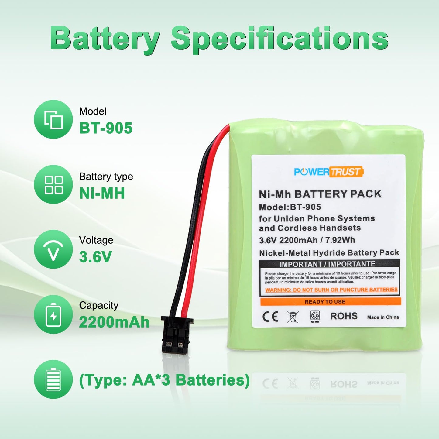 PowerTrust BT-905 Rechargeable Electric Batteries for BT905 BT800 BT-1006 BP-905 P-P501 BP-905BBTY-0444001 BBTY-0449001 Cordless Phone Battery