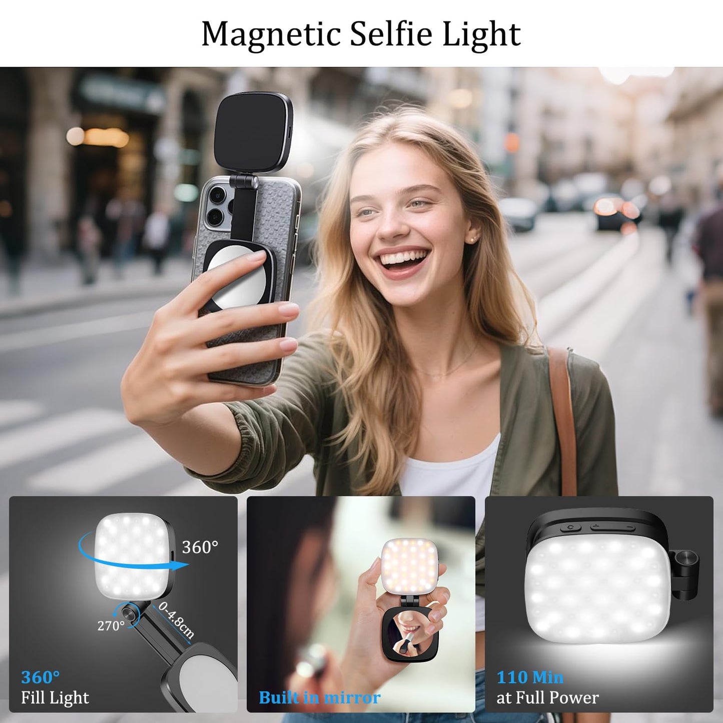 Magnetic Selfie Light Compatible with MagSafe for iPhone - Rechargeable LED Fill Light with Mirror, CRI?95, 5 Color Temps, Foldable Ring Light