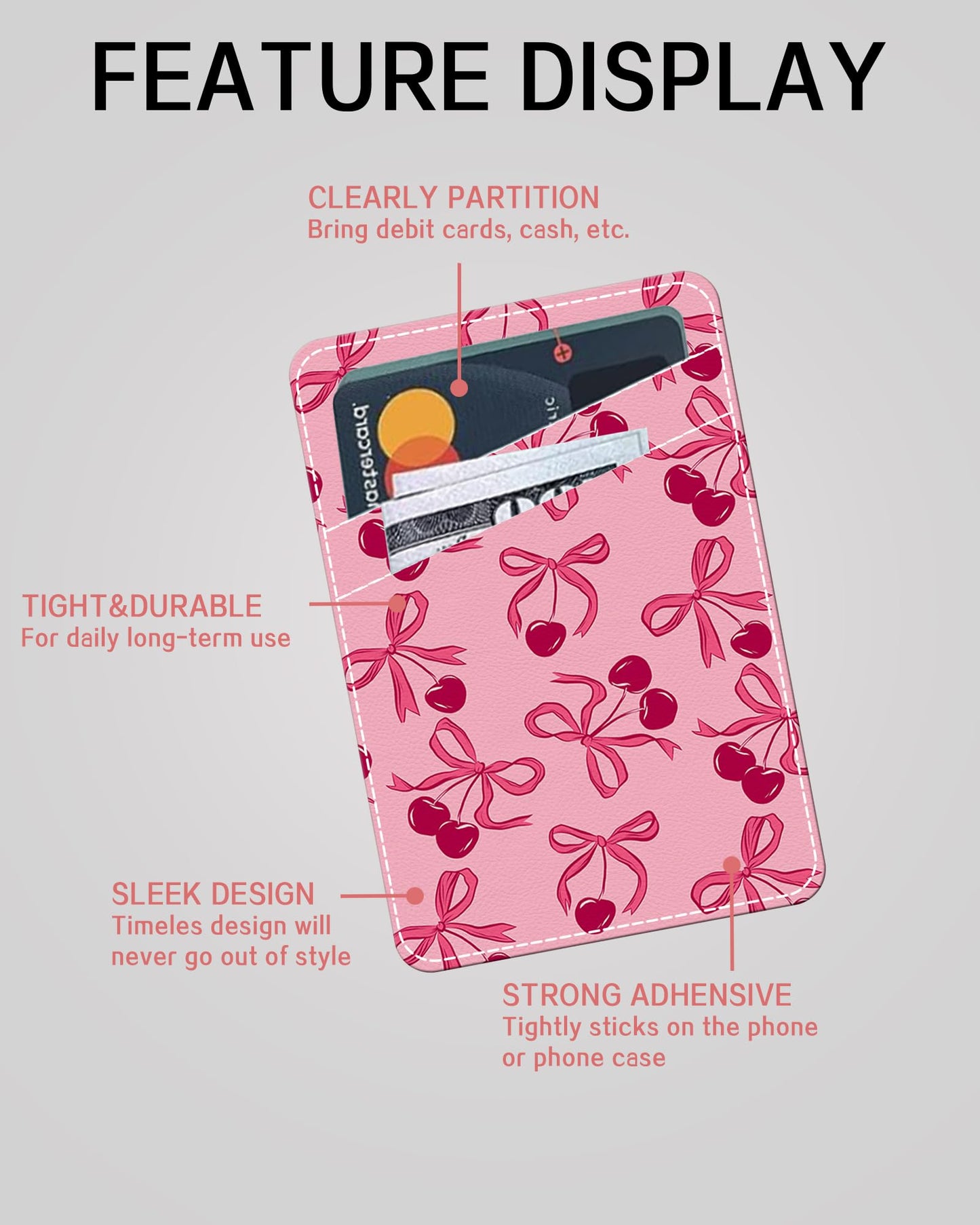 JYCardPKT Phone Card Holder Leather, Dual Pocket Phone Wallet Adhesive Stick On, Cute Phone Case Credit Card Holder, Suitable for Most of Phones Pink