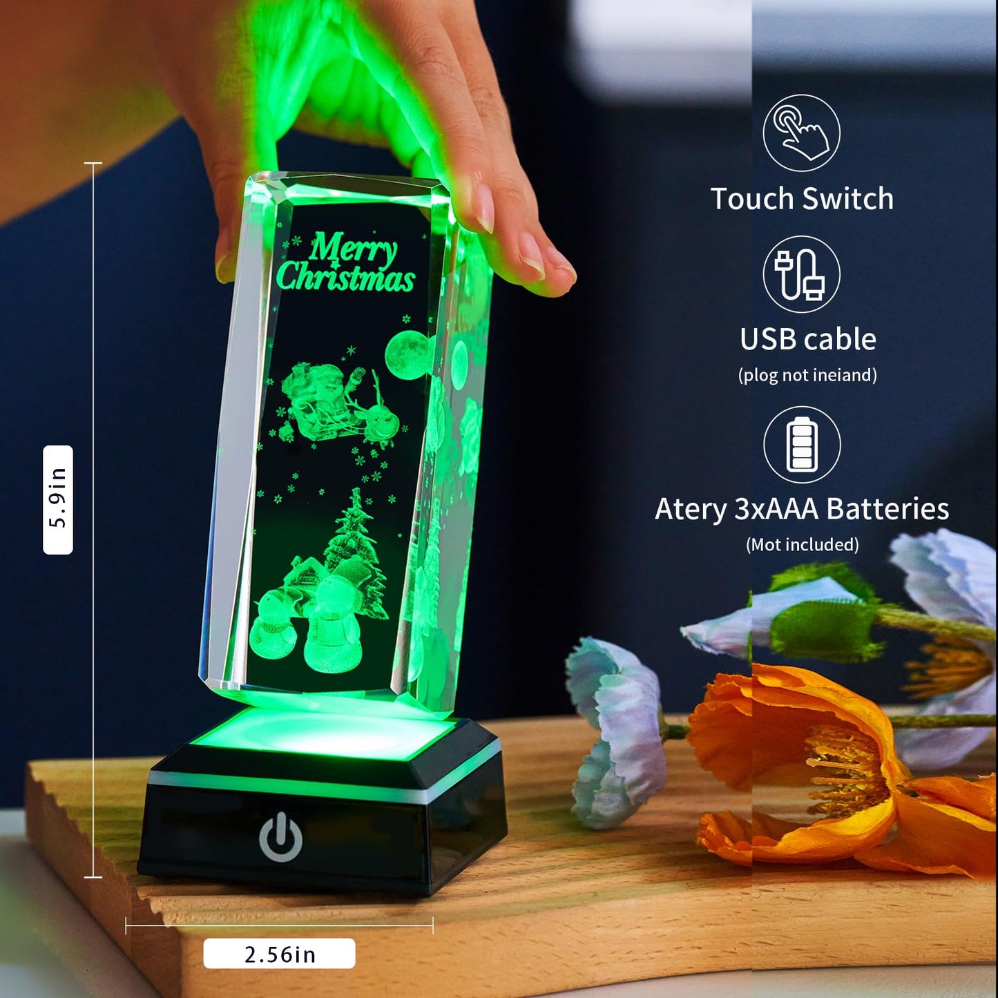 Zerelys 3D Crystal Christmas Gifts for Women with LED Base, Crystal Lamp Christmas Home Room Party Decor Gift for Mom Men(Merry Christmas)