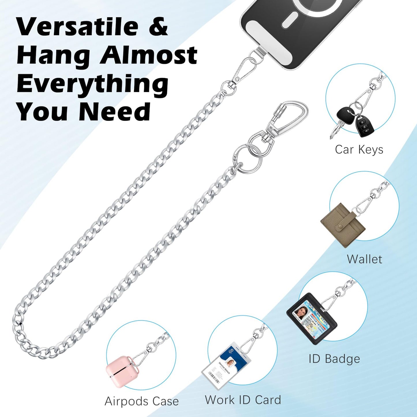 MoKo Anti-Theft Phone Tether Strap, Phone Chain Lanyard with Lockable Carabiner, Stainless Steel iPhone Strap with 2 x 360° Metal Tether Tab