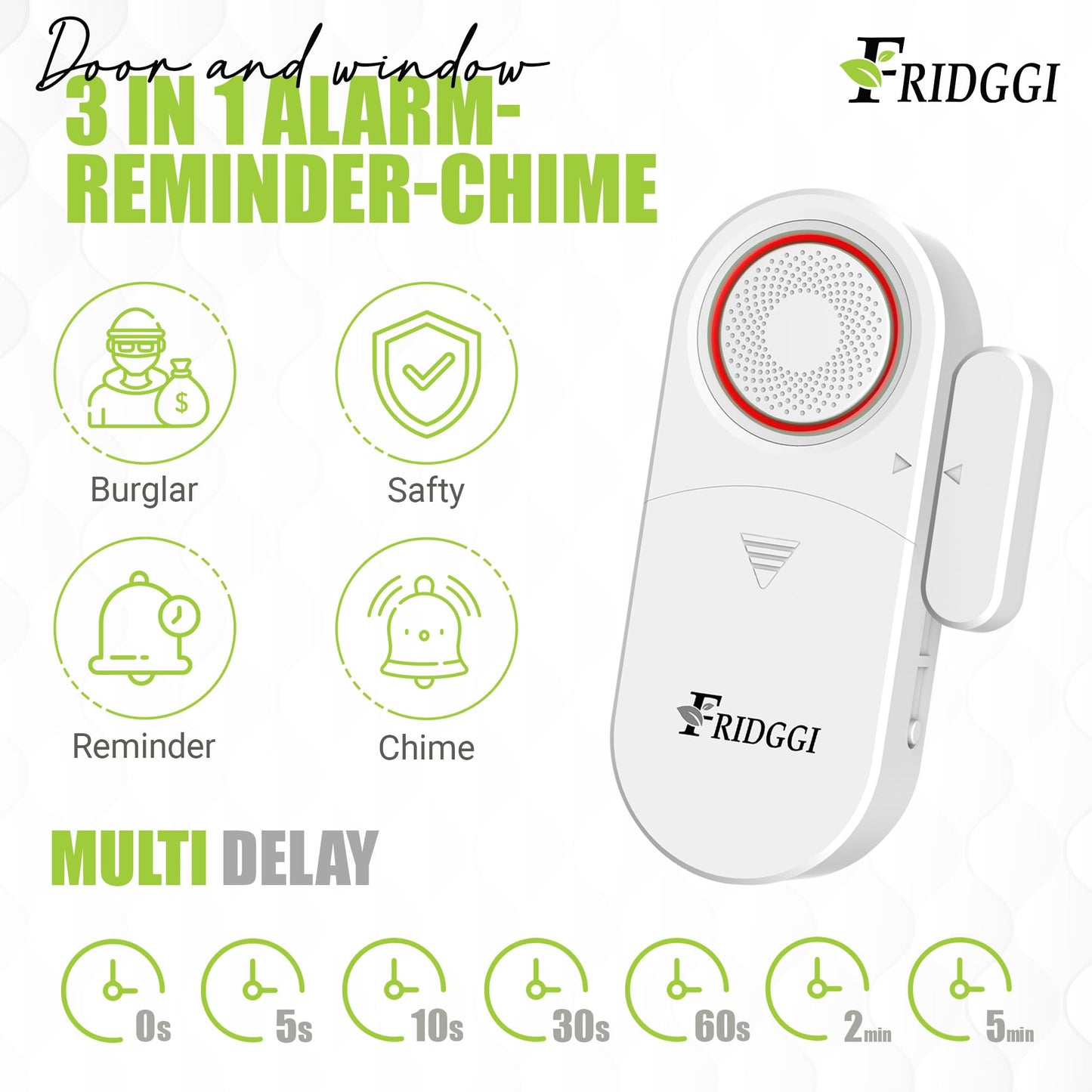 3-in-1 Alarm - Door Left Open Alarm, Doors Chime with Delay, 0/5/10/30/60 Seconds, 2/5 Minutes, Gate Ajar Alert, 80 to 120 dB, Close Door Reminder