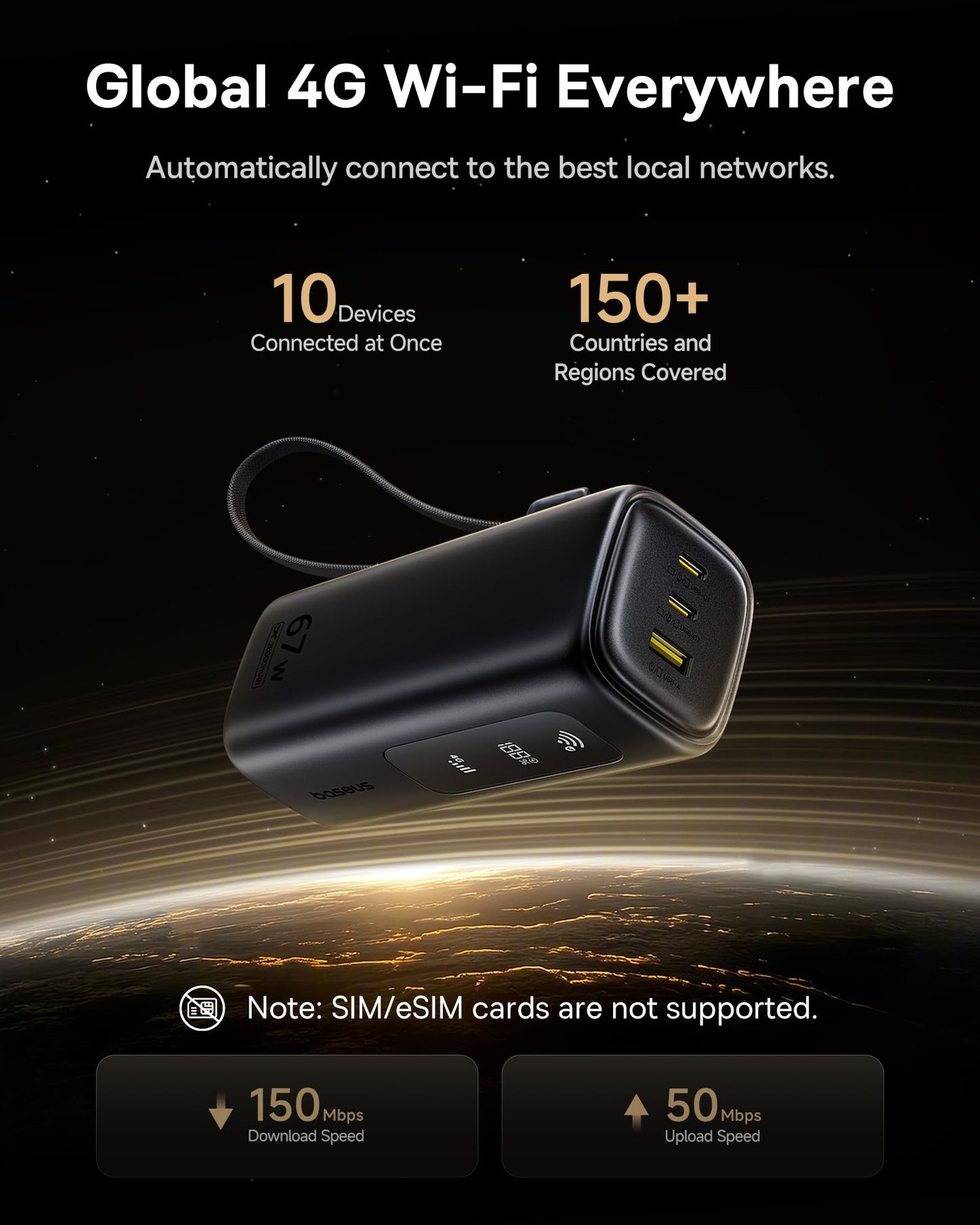 Baseus 4G LTE Mobile Hotspot & 20000mAh 67W Power Bank 2-in-1, Portable WiFi for Travel in 150+ Countries, No SIM Card, No Contract, 10 Devices