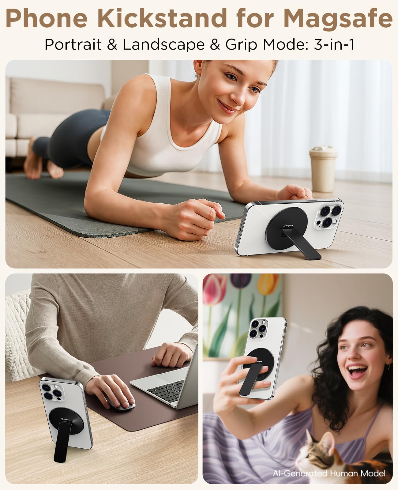 Magtame Magnetic Phone Stand Grip for Magsafe, Utral-Thin Snap-on Kickstand with Strong Magnetic Holder, 140° Adjustable for Hands-Free Travel, Work