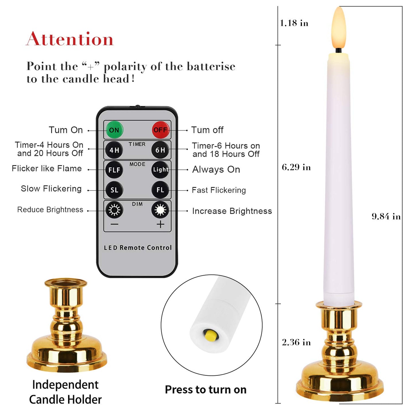 FREEPOWER 6PCS Flameless Window Candles with Gold Candle Holders, Battery Operated White Taper Candle with 4H/6H Daily Timer, Special Flickering