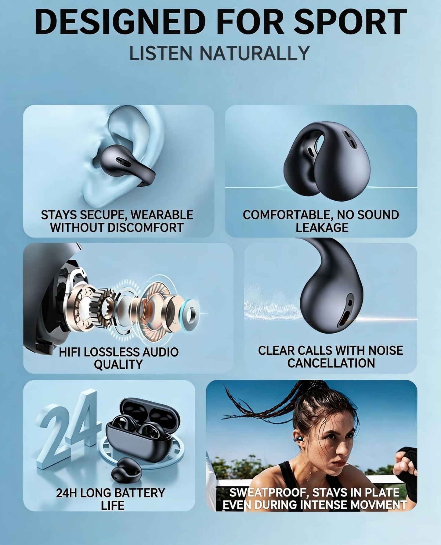 Bone Conduction Ear Clip Bluetooth 5.3 Headphones, Open-Ear Sport Wireless Earbuds with Breathing Light, Ultra-Low Latency for Gaming, Long Battery