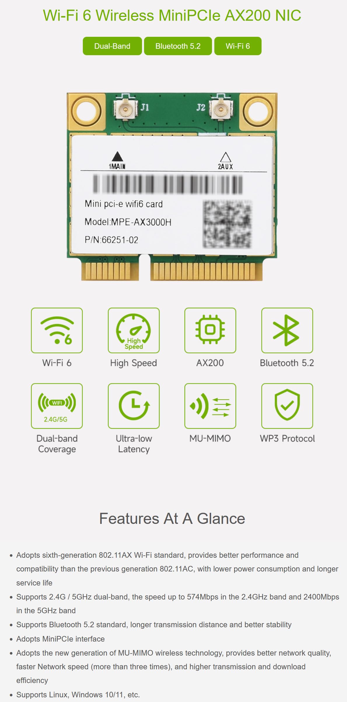 Wireless MINIPCIE AX200 NIC for Linux, Windows 10/11, Gigabit Dual-Band Wi-Fi 6, 802.11AX Standard, Bluetooth 5.2 @XYGStudy