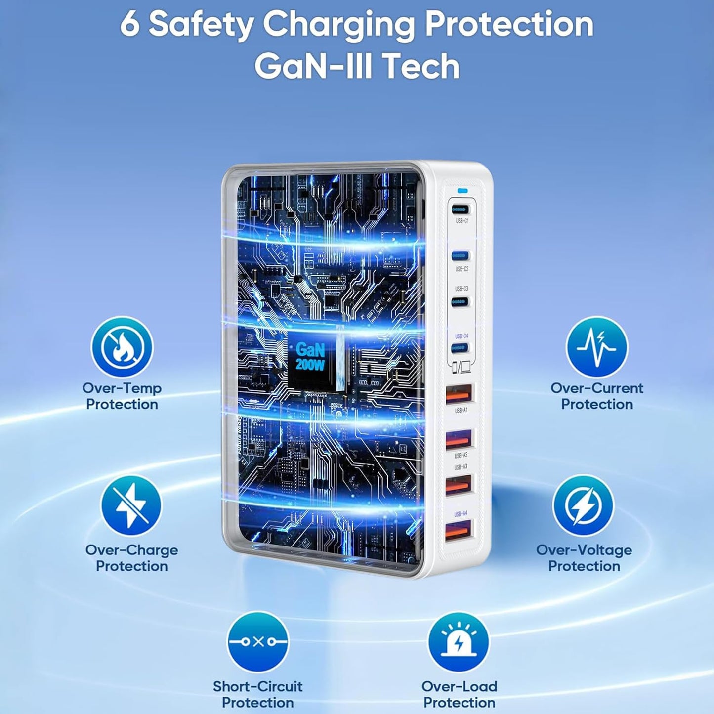 USB C Charger Block Charging Station-200W Fast GaN 8-Port Multiple Devices USB Charging Hub,65W Laptop Power Adapter Charger Compatible Apple iPhone