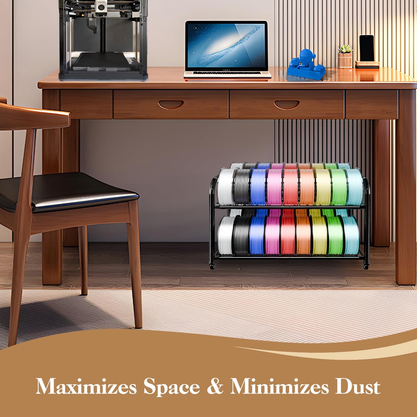 2-Tier Under Desk Filament Storage Rack, 3D Filament Storage Rolling Cart Holds 40+ 3D Printer Filament, Adjustable Filaments Rack for 250g-1KG