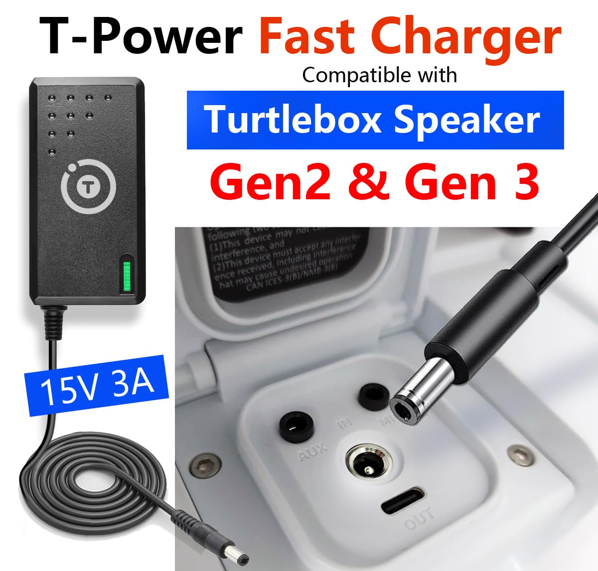T POWER 15V UL Charger for Turtlebox Gen 2 & Gen 3 Bluetooth Speakers Model: GS-P150300E454A, 2A28W-TURTLEBOXG2, 27733-TURTLEBOXG2 Replacement AC…