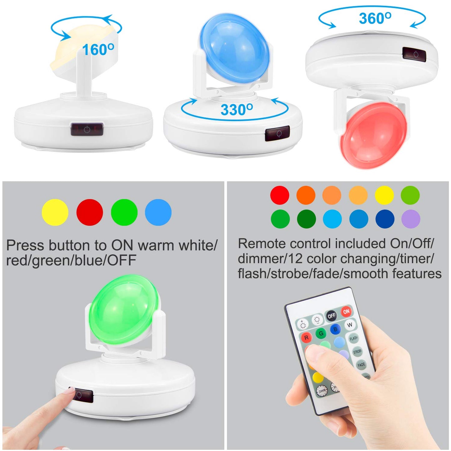 LUXSWAY Spotlights, 12 Color Changing Puck Lights with 330 Rotatable Head, Dimmable Indoor Accent Lights for Dartboard Artwork