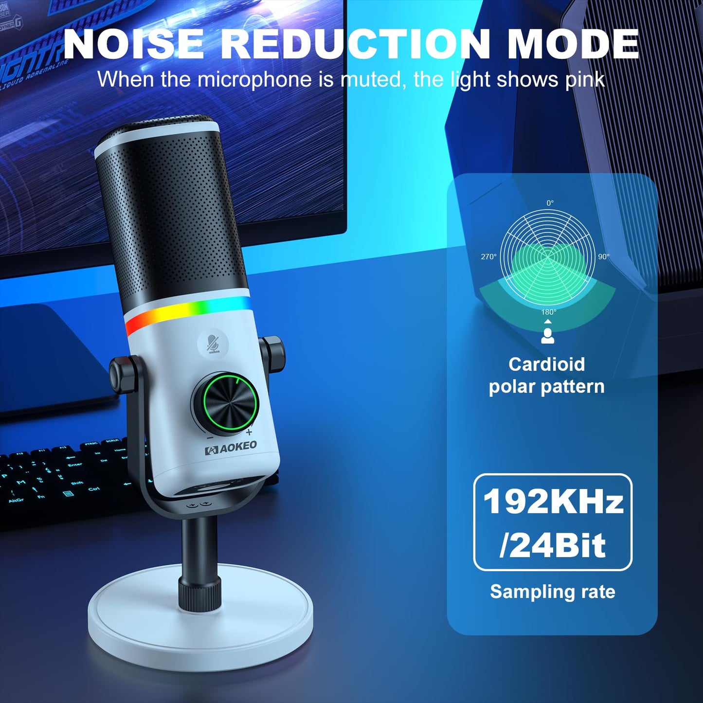 Aokeo Microphone for PC, AK-10 USB/XLR Dynamic Desktop Microphone for Gaming,Podcast,Streaming with RGB Light,Volume Control,Mute Button,Noise