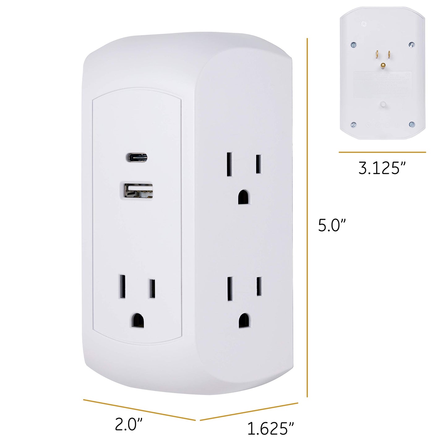 GE UltraPro 5-Outlet Extender with USB and USB-C Port, Surge Protector, Spaced Wall Tap, Side-Access, Charging Station, for iPhone/iPad/Samsung
