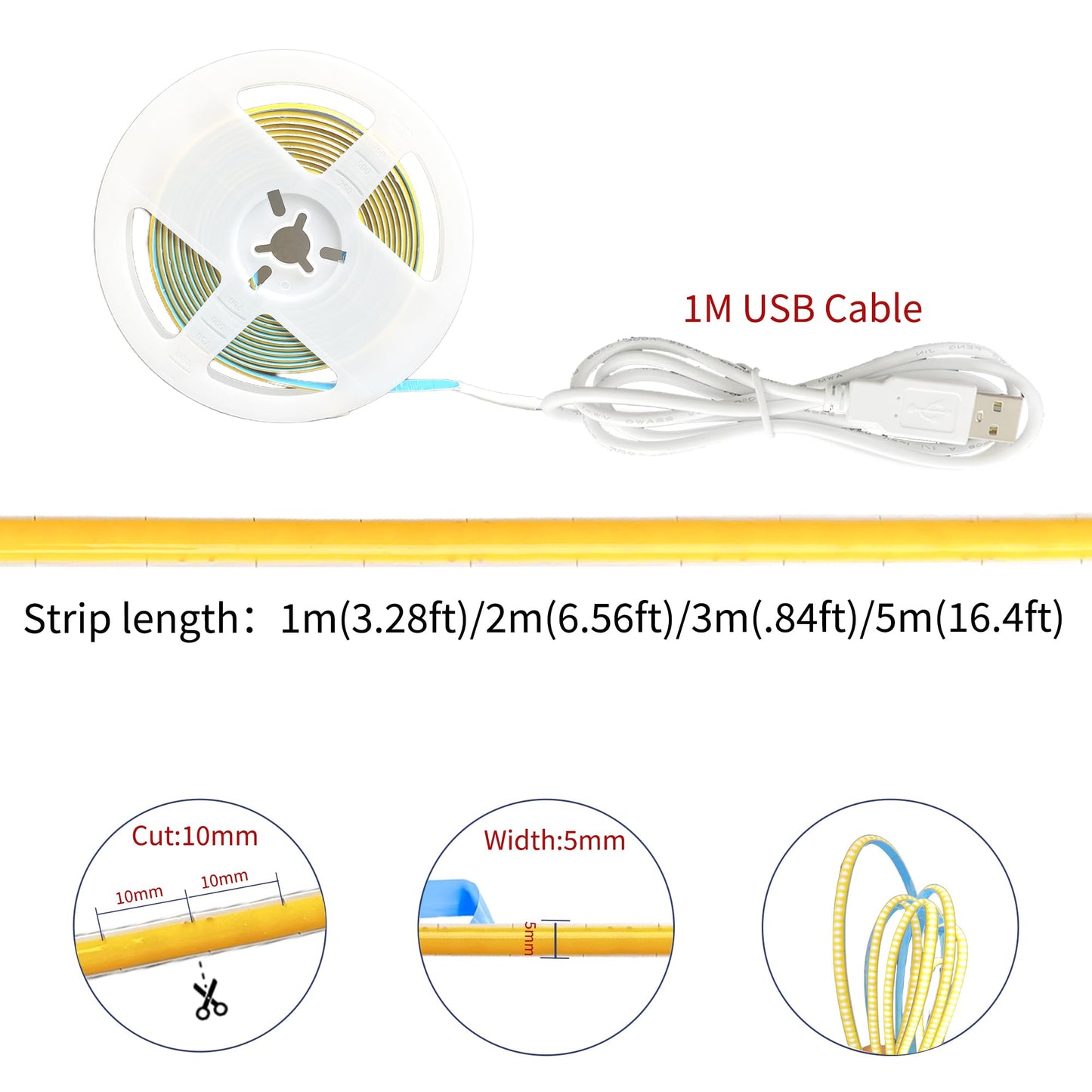 Clearhill 5V 5mm Width USB COB LED Strip Lights,6.56FT/2M,Warm White 3000K,400LEDs/M,8W/M,CRI90,1500lm,Electroplated Double-Sided Panel Light
