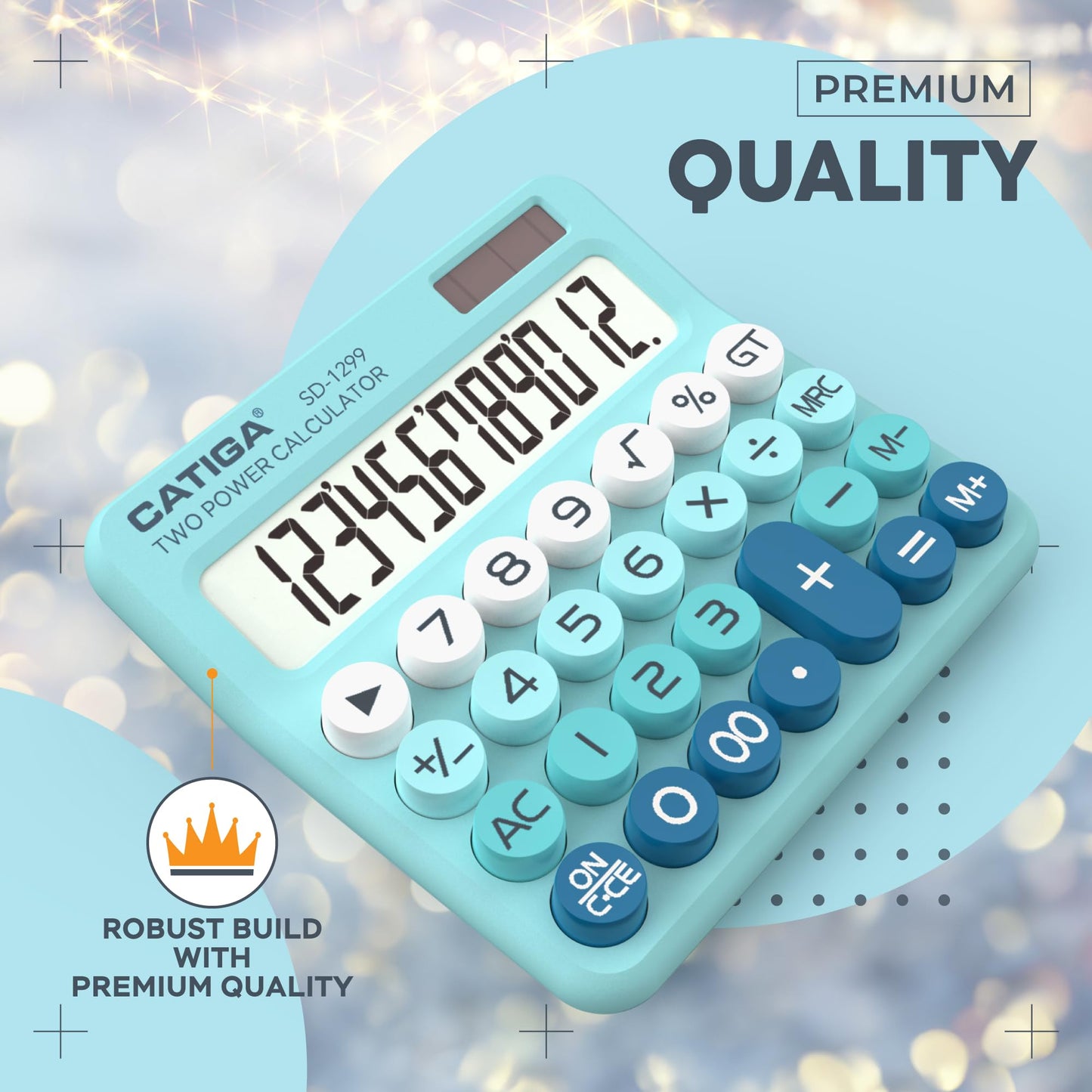 CATIGA Mechanical Switch Calculator with Solar and Battery Dual Power, 12-Digit Large LCD Display, Aesthetic and Cute Desktop Calculator with Big