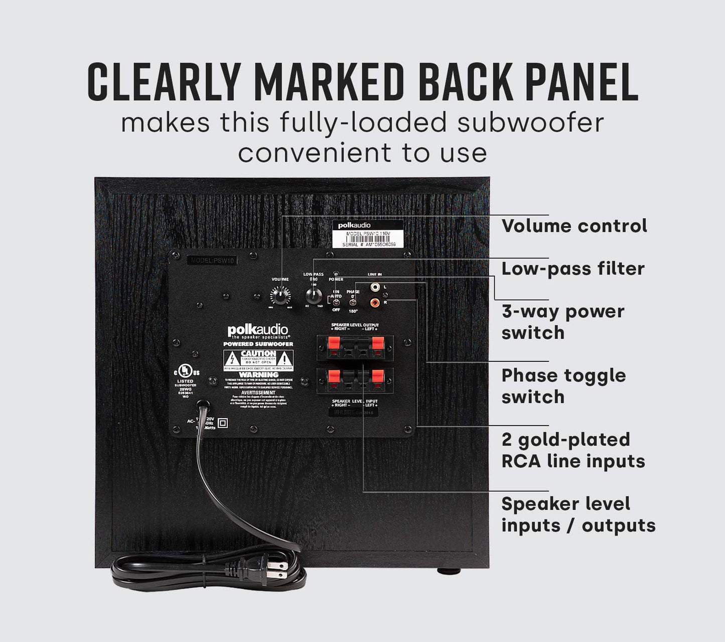Polk Audio PSW10 10" Powered Subwoofer Home Audio - Power Port Tech, Up to 100 Watts, Big Bass in Compact Design, Easy Setup with Home Theater