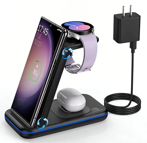 Wireless Charging Station for Samsung/Android, Fast Wireless Watch Charger Station Compatible for Samsung Galaxy S25 Ultra/S24/S23+/Z Flip 7/6 Fold