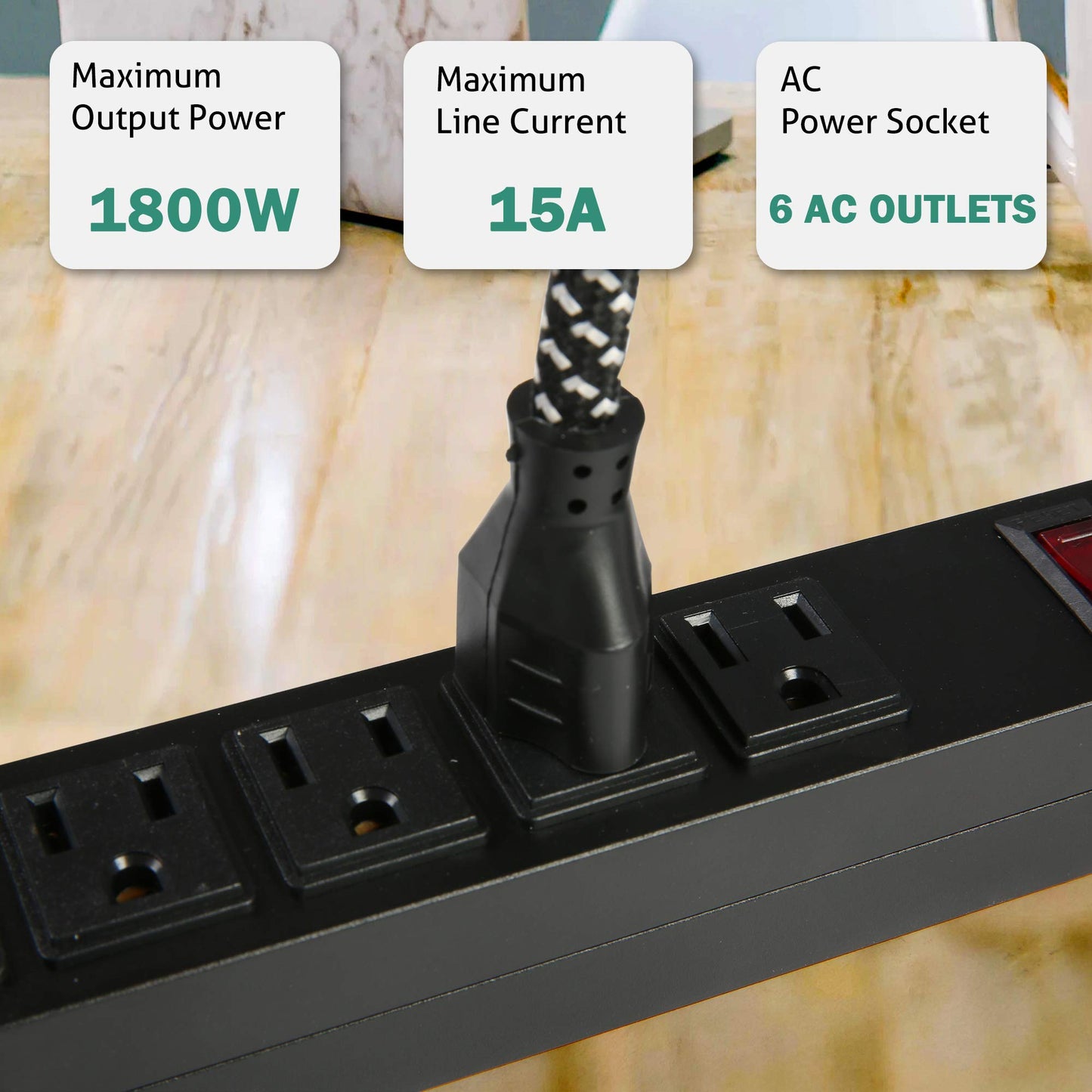 LONABR Long Power Strip Surge Protector, 6 Outlets Metal Heavy Duty Power Outlet with 6 ft Extension Cord, Wall Mountable, 2 Pack, Black, 300 Joules