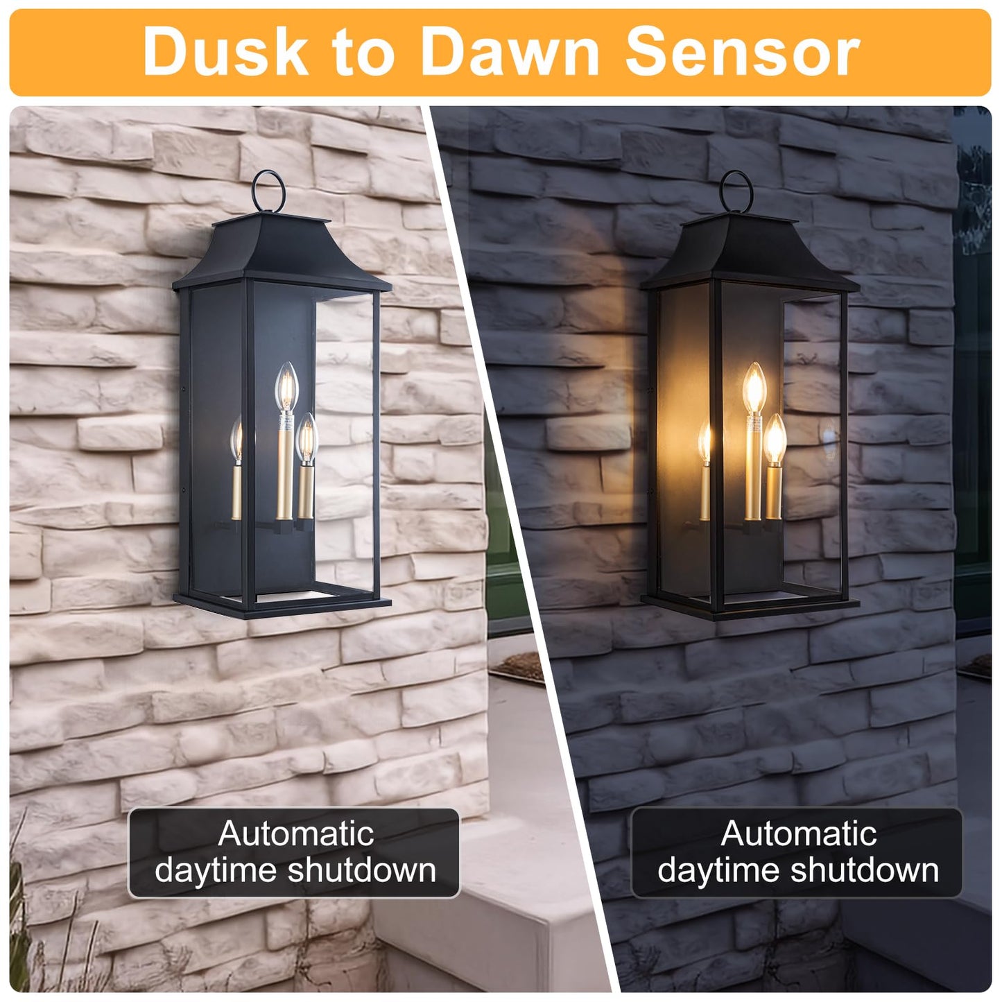 Lawyettle Dusk to Dawn Outdoor Wall Light 3-Light, 25.3" Large Outdoor Light Fixture, Black Exterior Wall Lantern, Waterproof Outside Wall Sconce