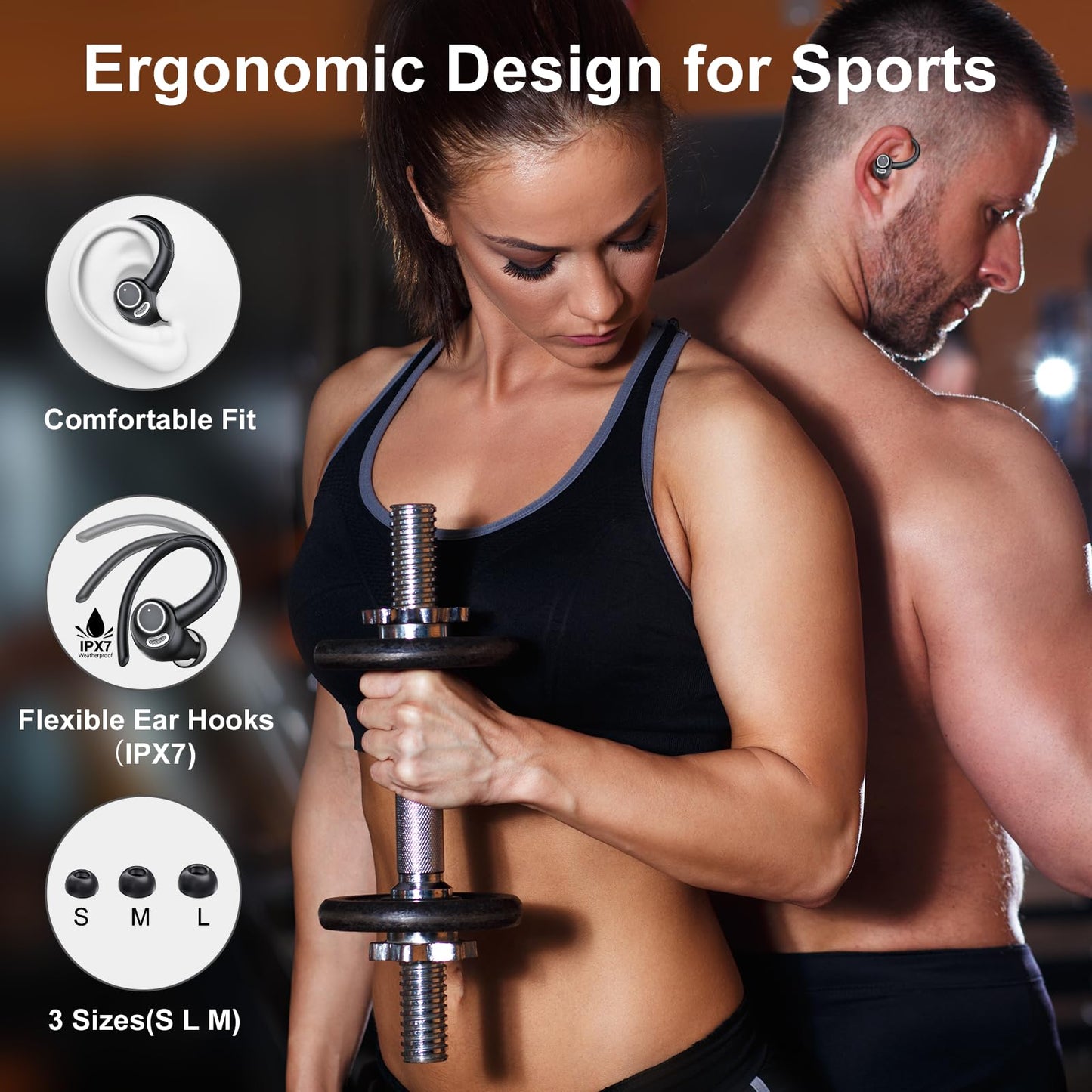 Wireless Earbuds Bluetooth 5.3 Headphones Sports, 48Hrs Playtime Bluetooth Earbud with CVC 8.0 Mic, 2026 Stereo Bass Over Ear Bud with Earhooks, LED…