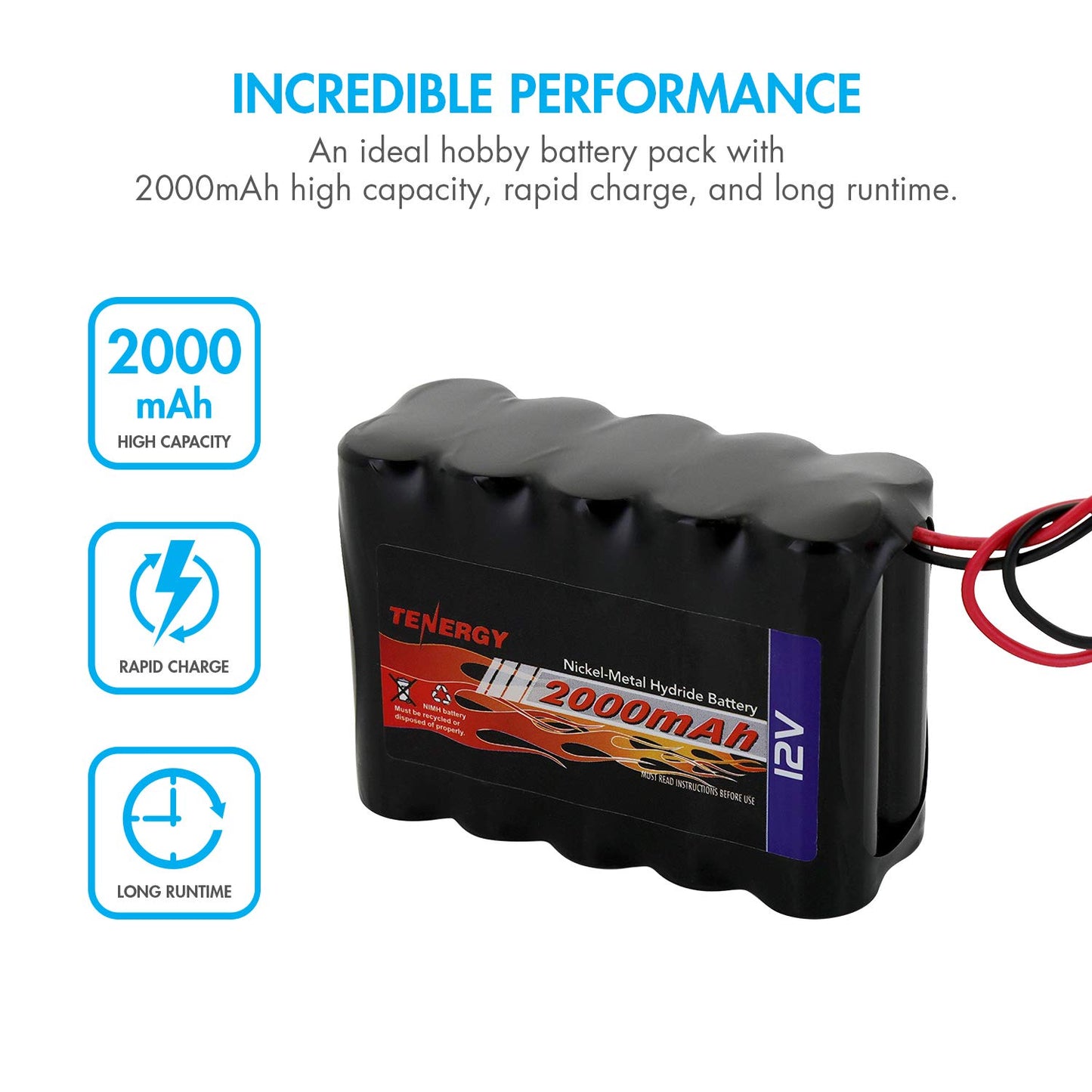 Tenergy NiMH Battery Pack 12V 2000mAh High Capacity Rechargeable Battery w/Bare Leads Replacement Battery Pack for DIY, Medical Equipments, LED Light…