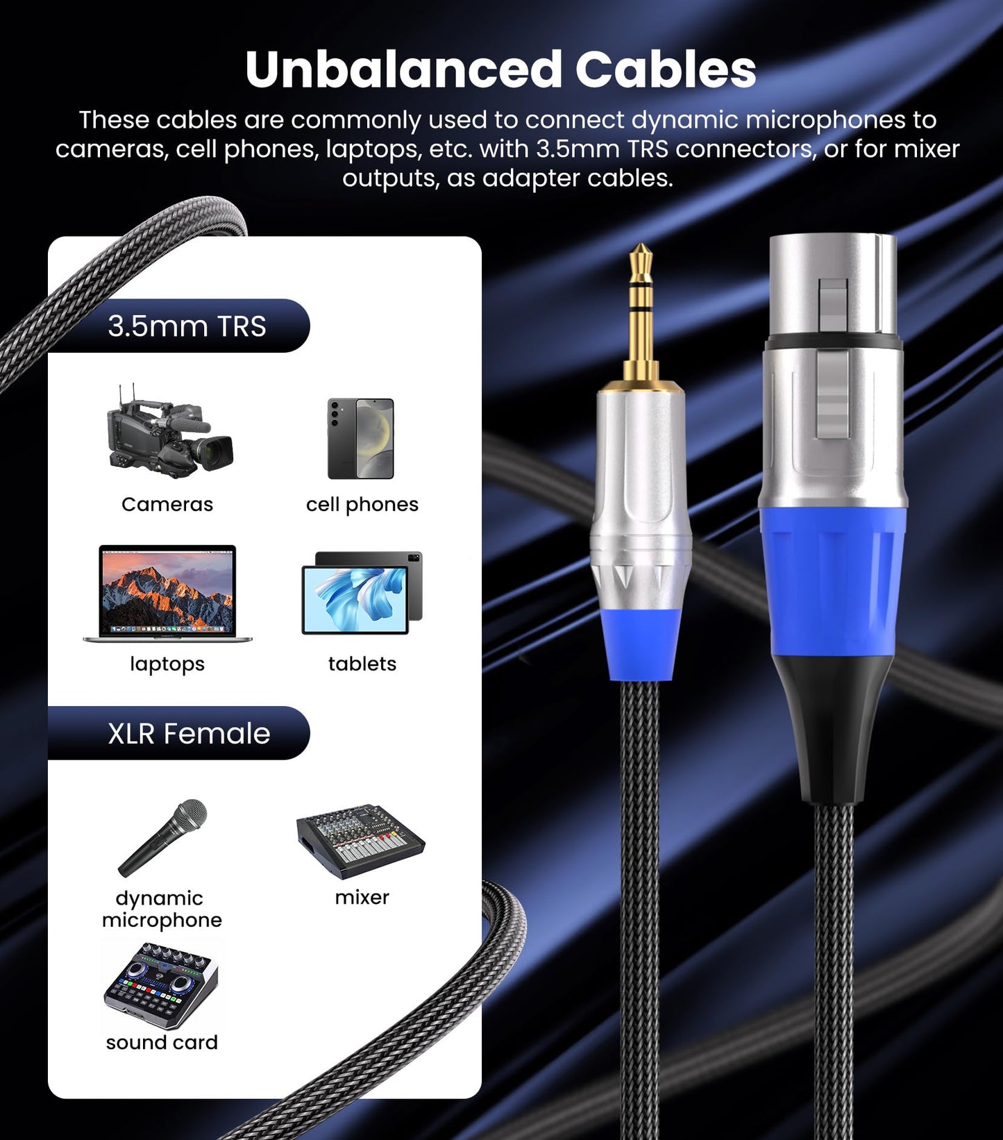 Tisino XLR to 3.5mm Microphone Cable - 10 feet Unblanced XLR Female to 1/8 inch Mic Cord for Camcorders, DSLR Cameras, Computer Recording Device