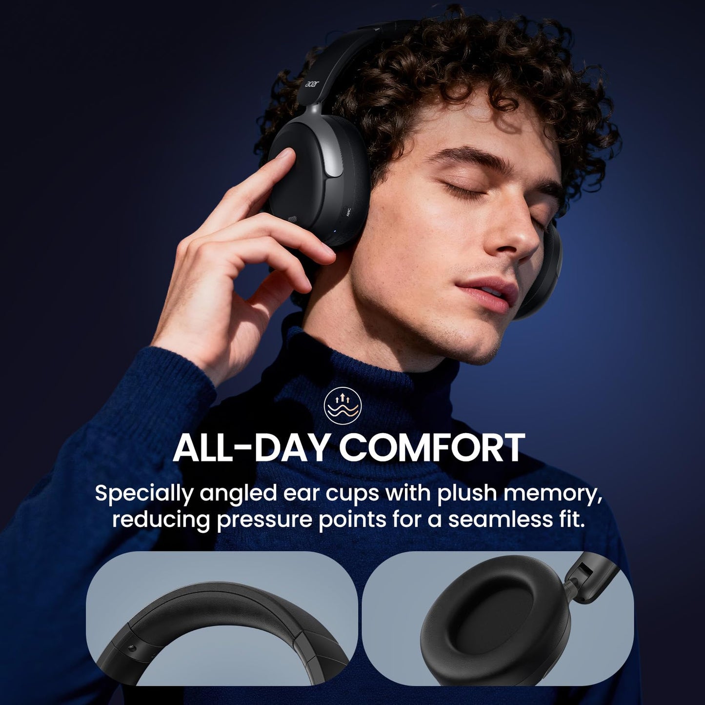 Acer OHR516 Active Noise Cancelling Headphones, Over Ear Wireless Bluetooth, 60H Playtime, 40mm Drivers, Low-Latency Mode, ENC Clear Calls, Foldable