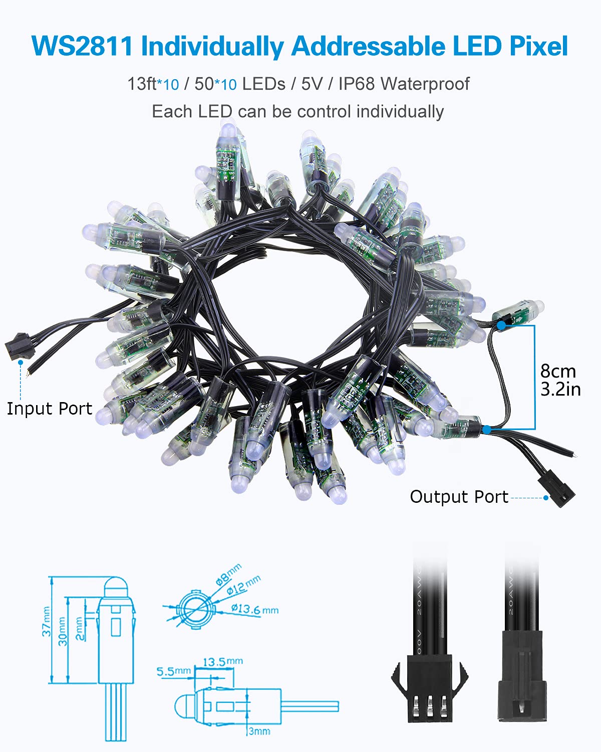 ALITOVE WS2811 RGB LED Pixels Light Individually Addressable 12mm Diffused Full Color Bullet Pixels DC 5V IP68 Waterproof 500pcs for Outdoor LED