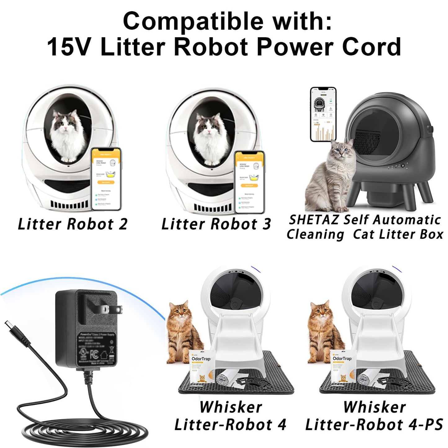 15V DC Power Supply Adapter Compatible with Litter Robot2 3 Open Air Self Cleaning Cat Litter Box, Litter Robot Power Supply,Litter Robot Power Cord…
