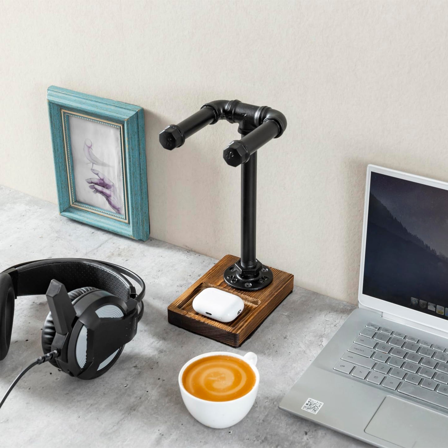 MyGift Headphone Stand, Industrial Black Metal Pipe Universal Desktop Headset Holder with Burnt Solid Wood Tray