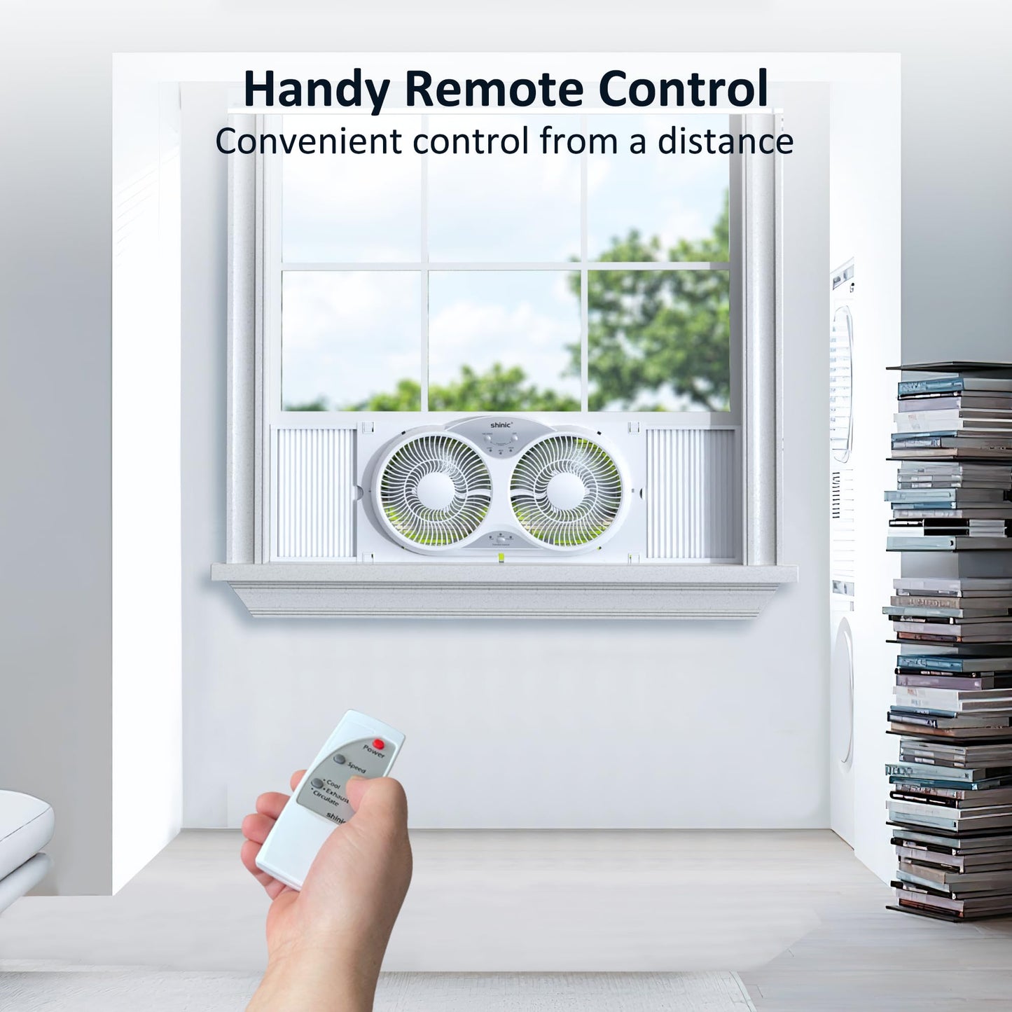 shinic 9" Twin Window Fan with Remote, Reversible Airflow, Fits 24"-37"