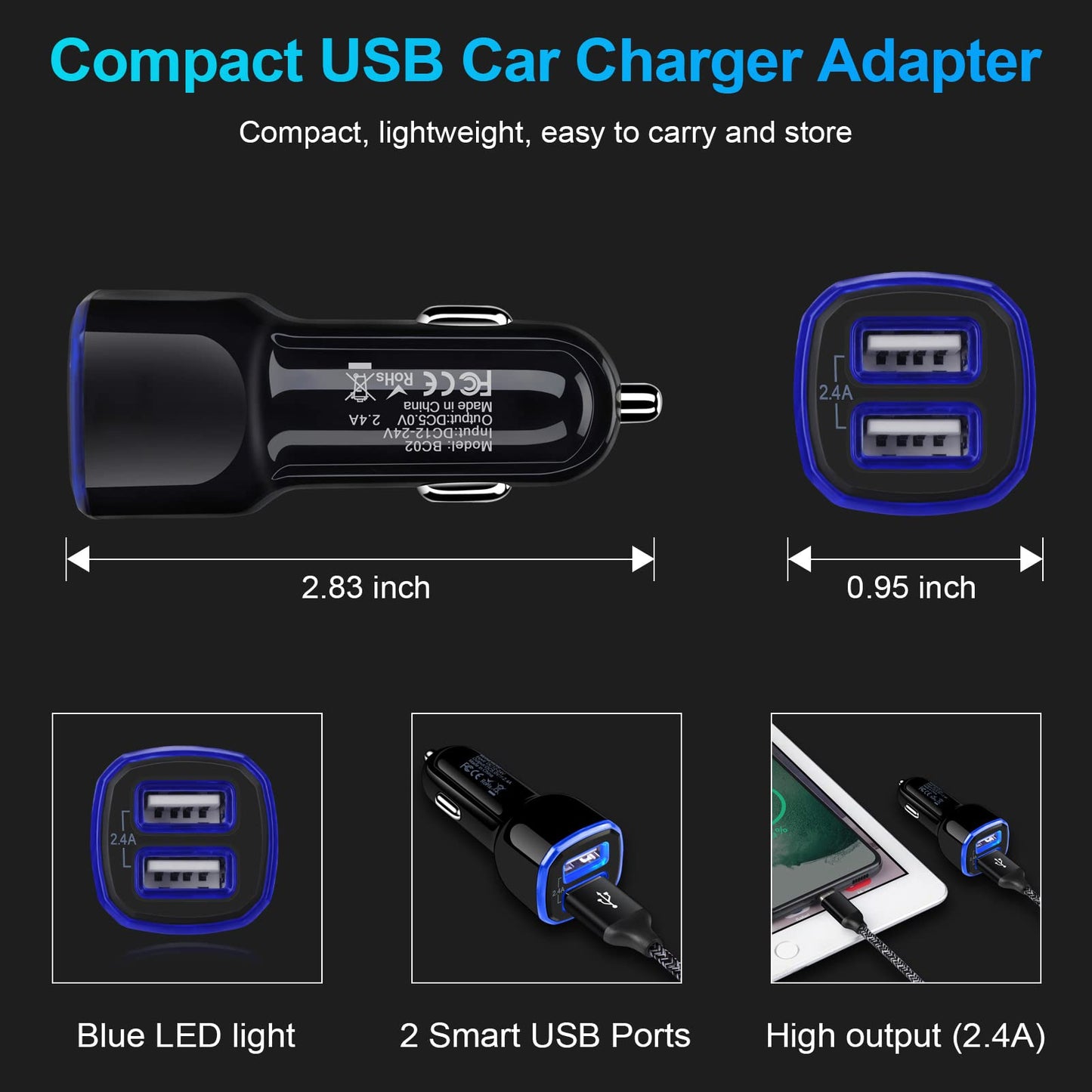 Car Charger, 2.4A 12W AndHot 2 Pack Mini Dual Port USB Car Charger Adapter Plug for iPhone 15 14 13 12 SE 11 Pro Max XR XS X 8 7 6S Plus, iPad