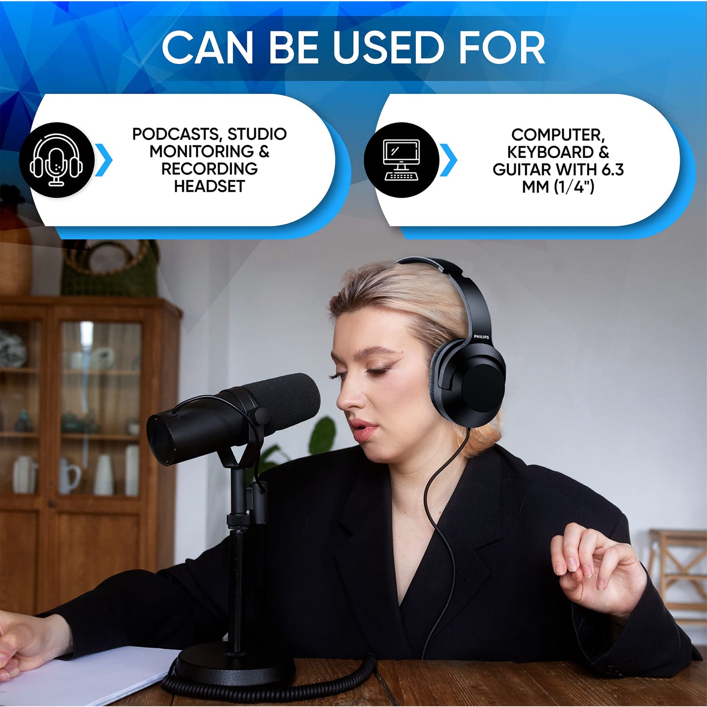 Philips Over Ear Wired Stereo Headphones for Podcasts, Studio Monitoring and Recording Headset for Computer, Keyboard and Guitar with 6.3 mm (1/4")…