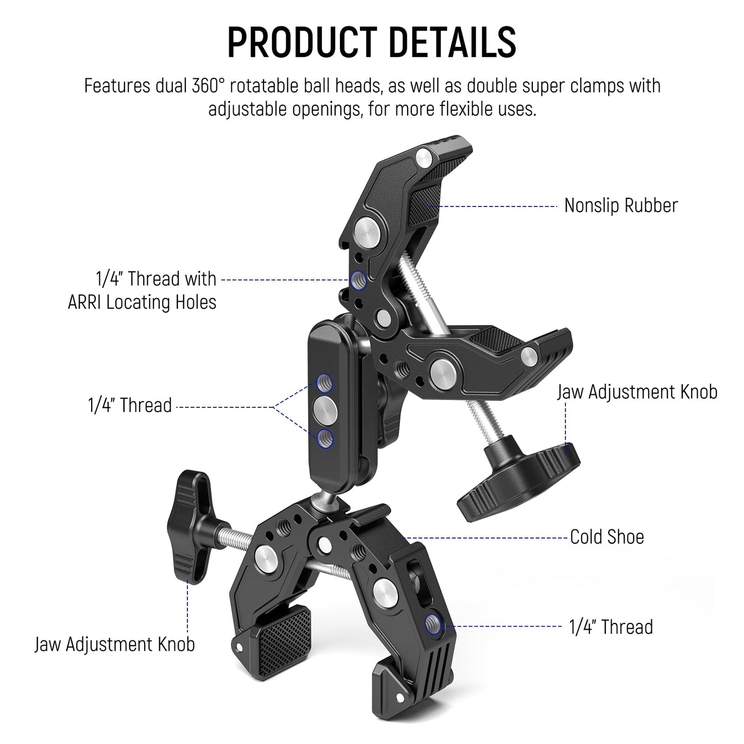 NEEWER Double Super Clamp with Magic Arm, Cleaning Cloth, Umbrella Camera Pole Clamp Mount for Desk Photo Studio Light Stand, Reflector, Scrim, Cross