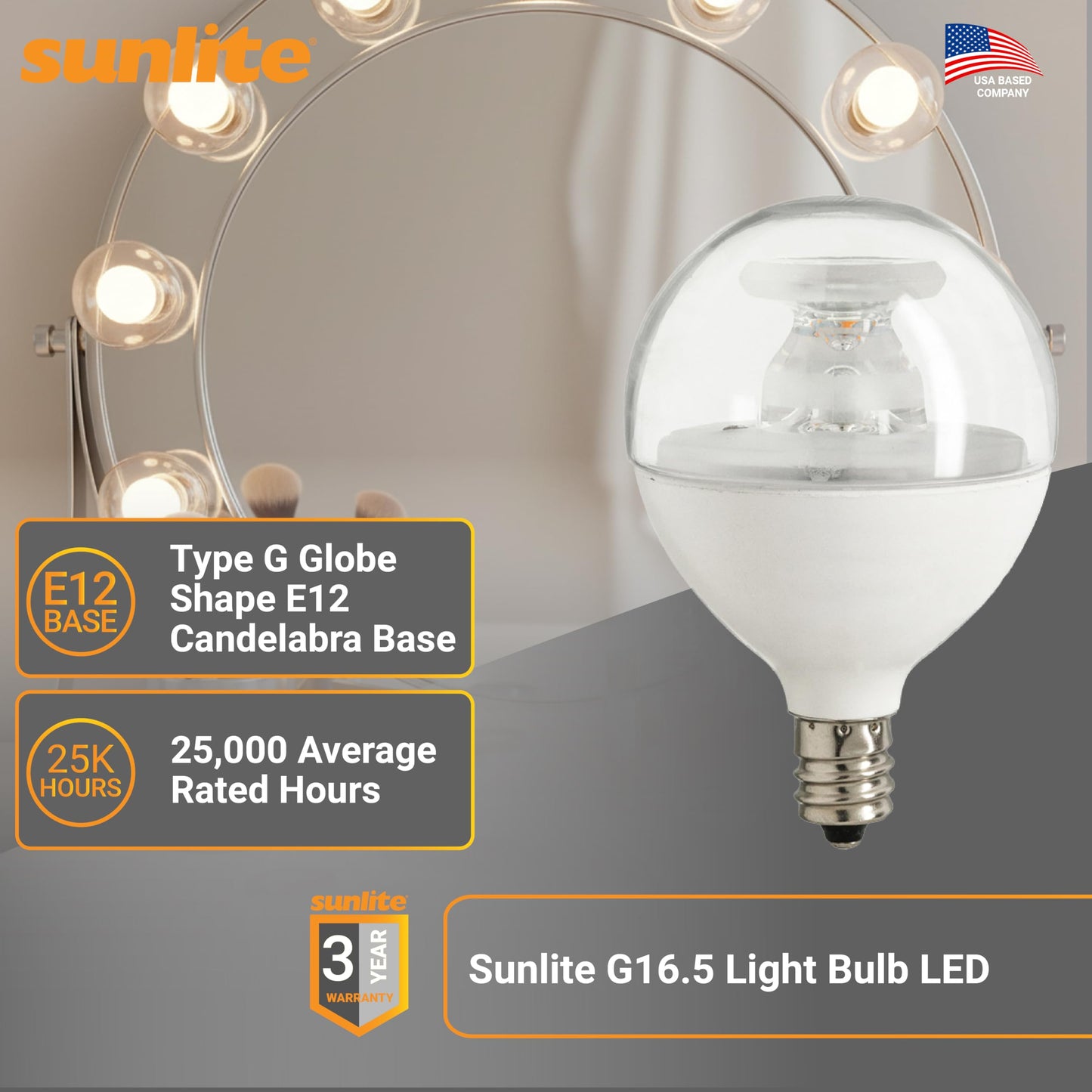 Sunlite G16.5 Light Bulb LED, 7 Watts (60W Equiv.), 500 Lumens, Dimmable, Type G Globe Shape E12 Candelabra Base, Short Bulbs, Vanity Mirror Bulbs