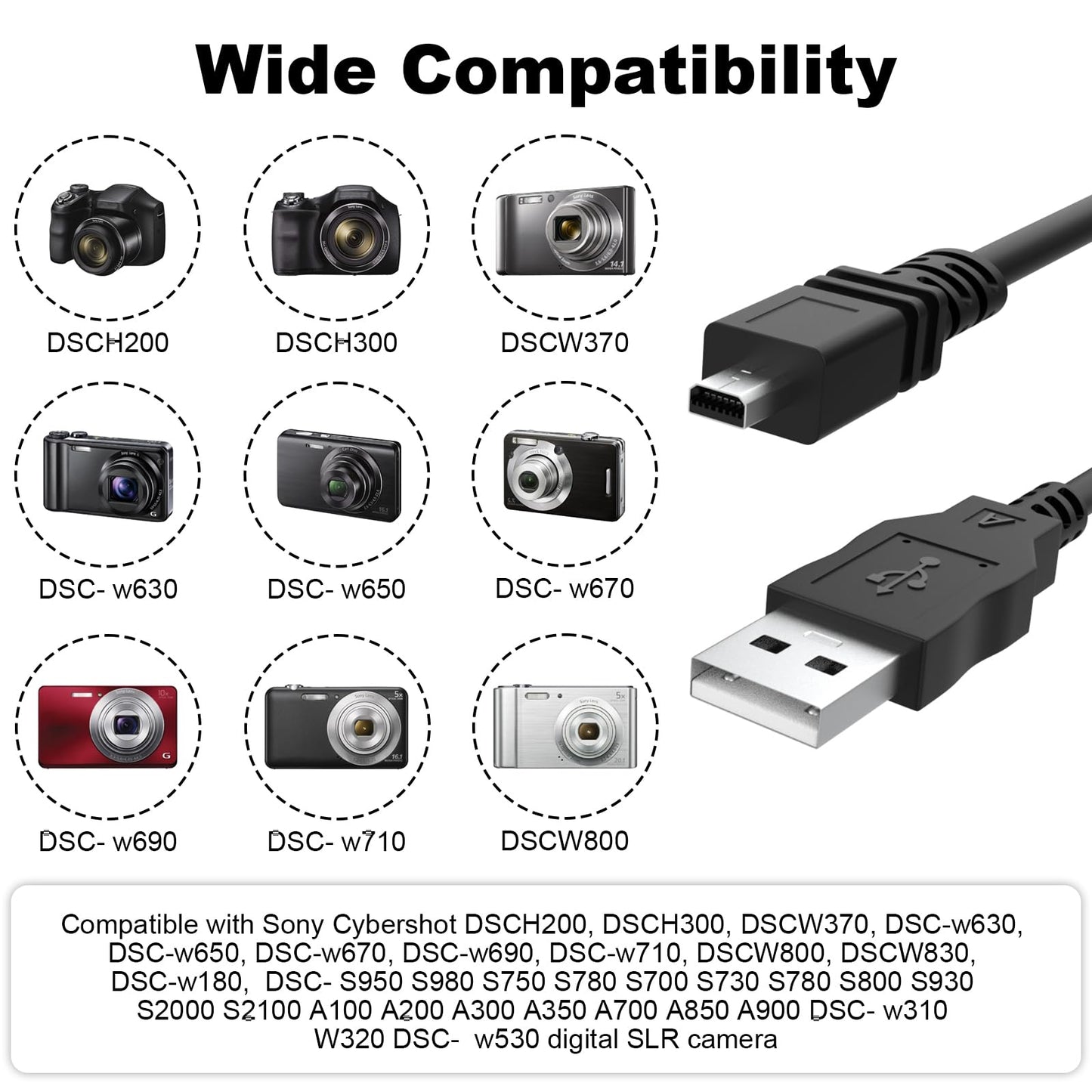 UC-E6 USB Cable Photo Transfer Cord Compatible with Sony Cybershot DSCH200, DSCH300, DSCW370, DSCW800, DSCW830, DSC-H200, DSC-H300, DSC-W370
