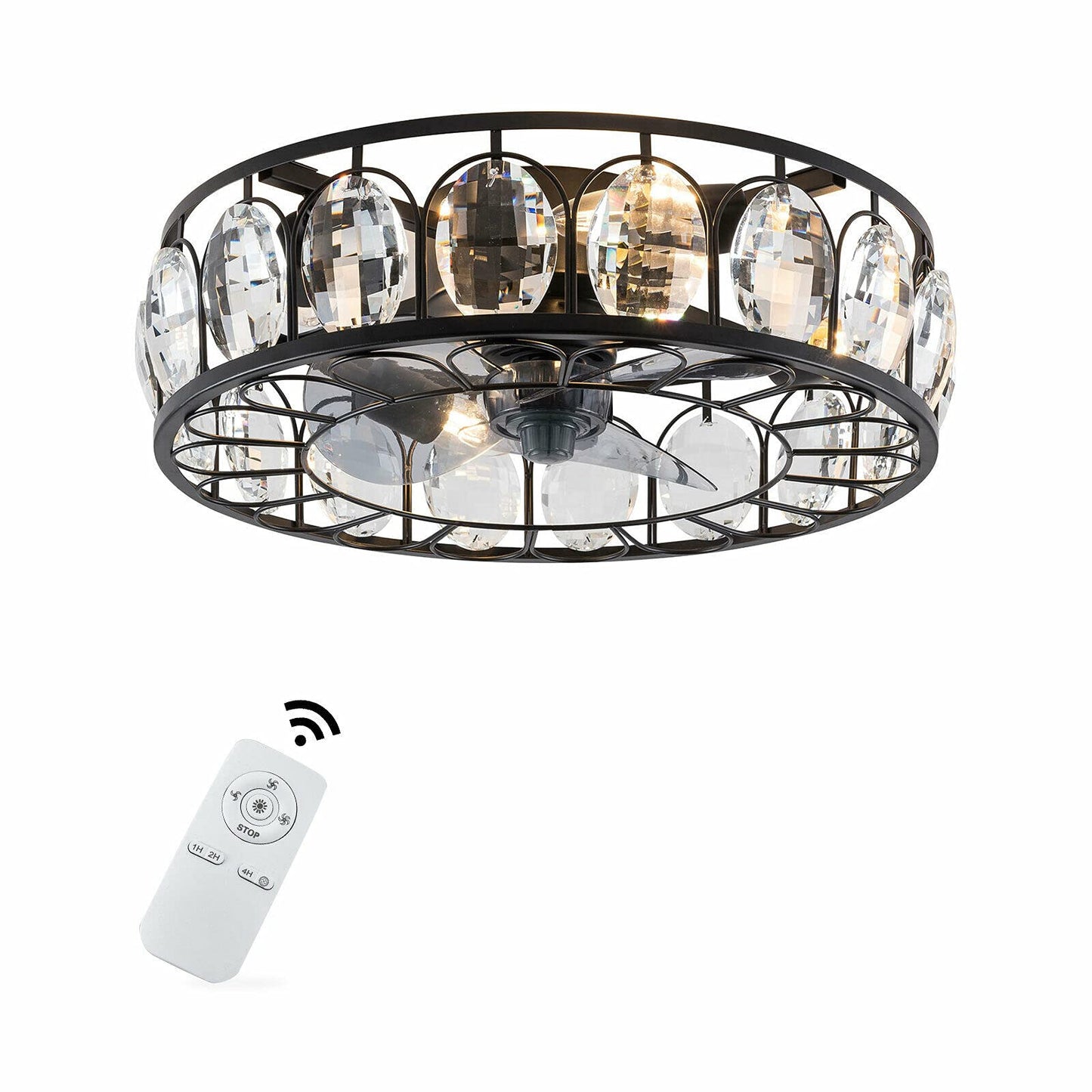 YIYIBYUS 18 Inch Industrial Crystal Ceiling Fan with Lights, Black Caged Low Profile Chandelier Fan Timing with Remote Control 3-Speed 4-Light Semi