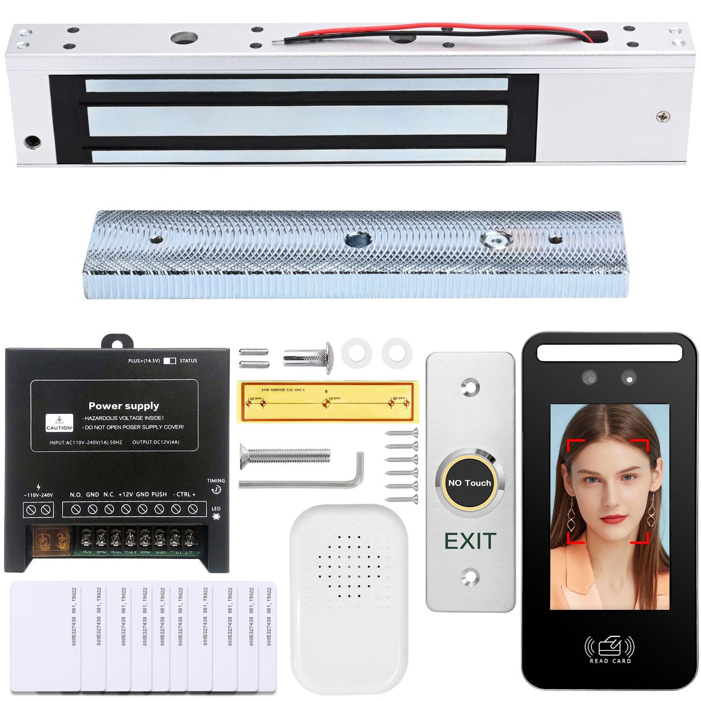 Facial Recognition Access Control System Kit w/5" Screen & 1.3MP Camera, 600lbs Magnetic Lock, Keypad/RFID Entry, AC110V-DC12V Power & Infrared Switch