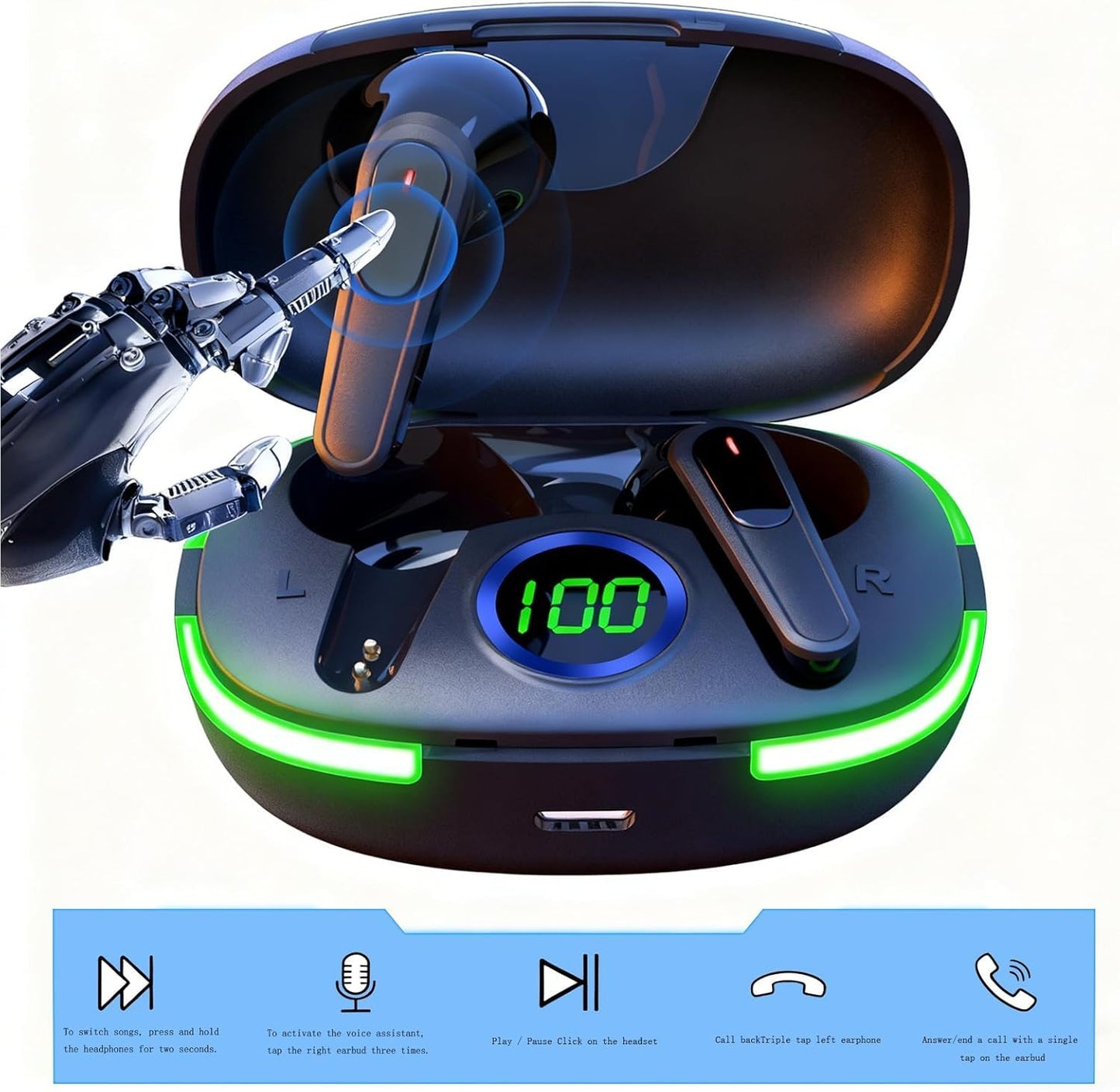 MWRPCRDN Wireless Earbuds Bluetooth Headphones 50H Playback Touch Control Noise Cancellation LED Power Display Charging Case IPX7 Waterproof Earphones