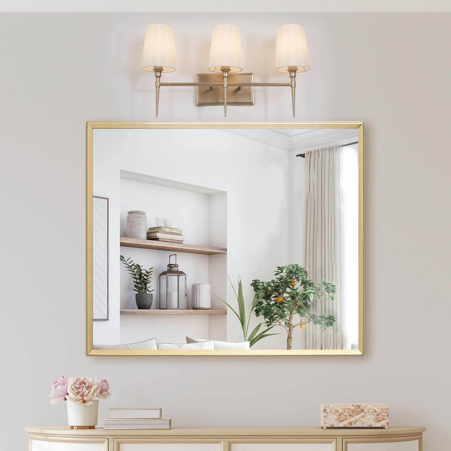 GEPOW Bathroom Wall Light Fixtures, 3-Light Gold Vanity Light with White Fabric Shade, Modern Wall Lamp Over Mirror for Hallway, Bedroom, Kitchen