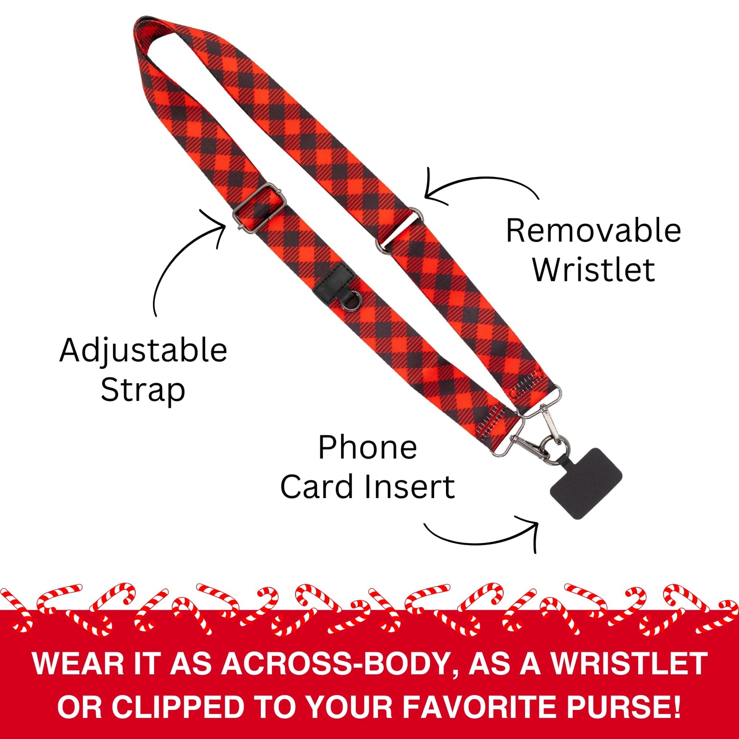Save the Girls Clip and Go Crossbody Phone Strap in Christmas Plaid - Limited Edition Phone Lanyard for Women