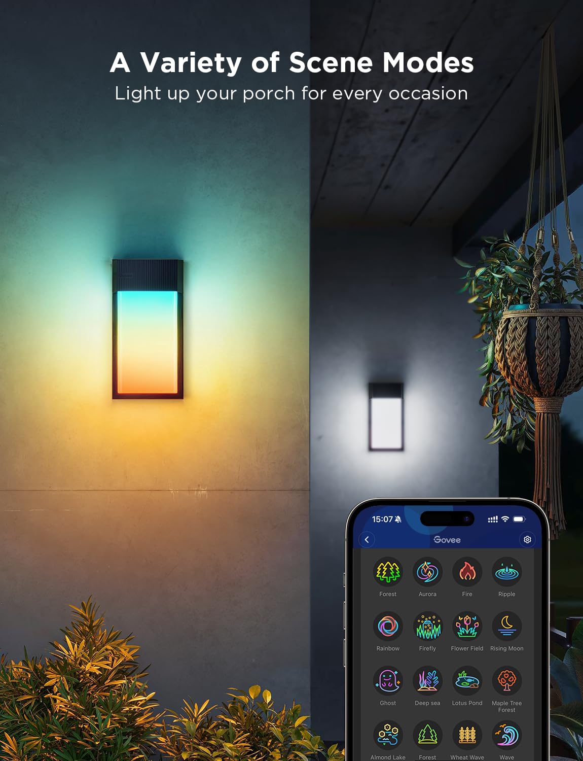 Govee Outdoor Wall Light, 2 Pack, 1500LM Smart RGBIC Porch Lights Outdoor with 45 Scene Modes, IP65 Waterproof for Outdoor Decor, Patio, DIY Wall
