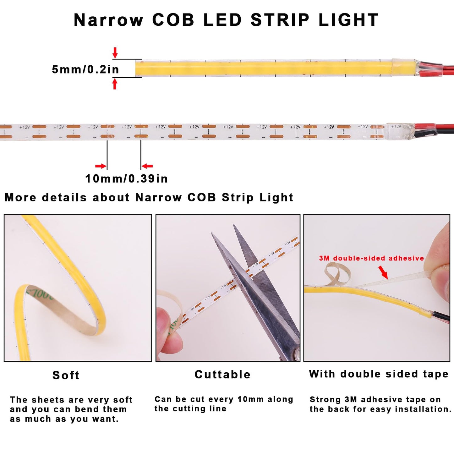 TOPAI 12V Thin 5mm COB LED Strip Waterproof 4000K Natural White 16.4ft Bright CRI>90 Uniform Dotless 400LEDs/M Self Adhesive Flexible Cuttable