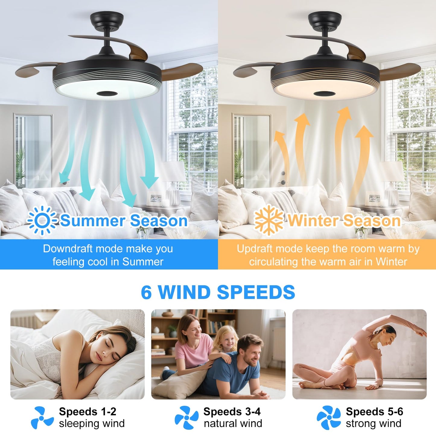 SILVER SWAN 48'' Retractable Ceiling Fan with Light and APP/Remote Control, Fandelier Modern Smart Ceiling Fan with Bluetooth Speaker, RGB Color, 6