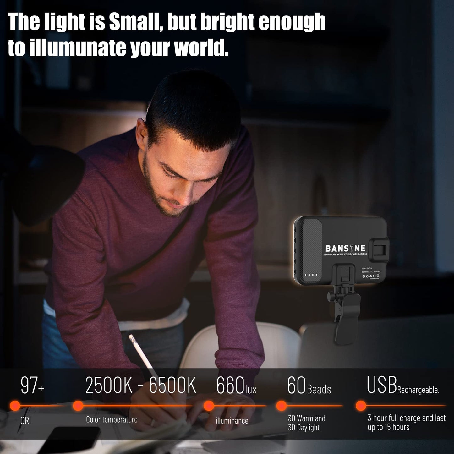Selfie Light - BANSINE USB-Rechargeable LED Phone Light - Portable Photo Light with 97+ CRI, Up to 6500K Color Temperature for Selfie, Zoom